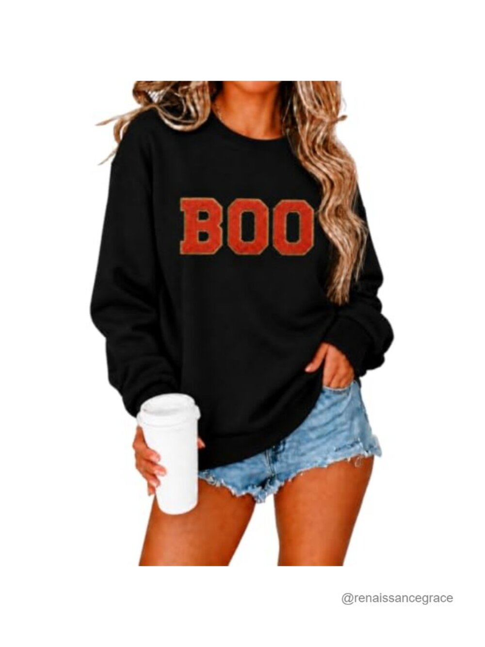 Embroidered Boo Halloween Sweatshirt Women Cotton Blend Pullover Fall Winter